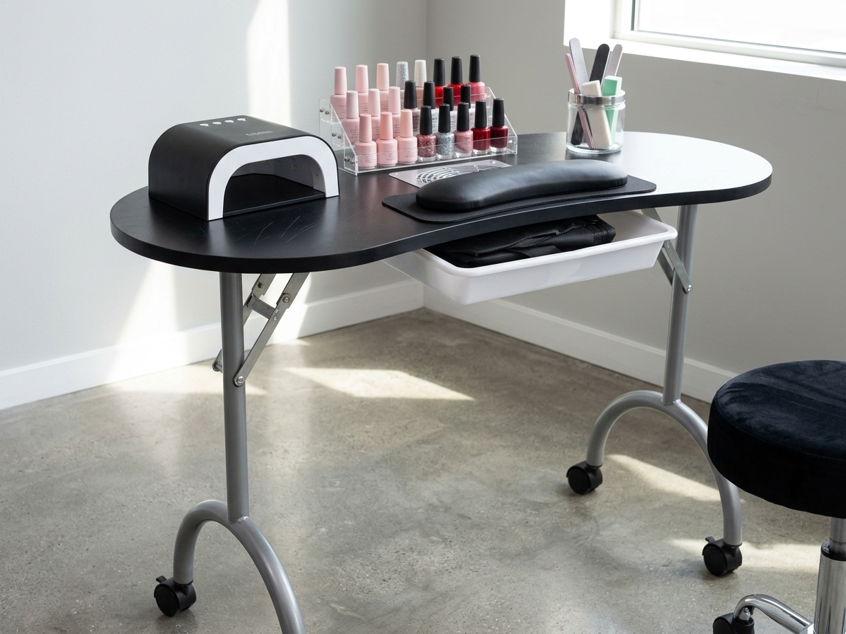 Mesa de Manicura Plegable y Portátil con Cajón Extraíble, con set de manicura