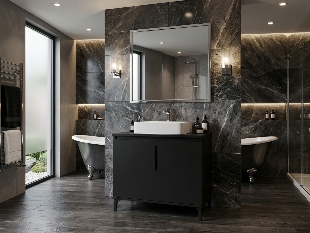 mueble de baño negro elegante montado en un cuarto de baño minimalista