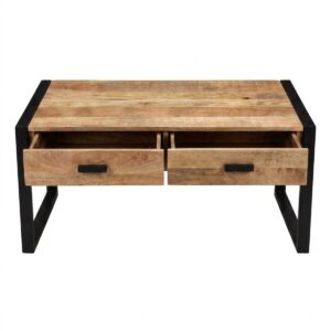 Mesa de Centro Industrial en Madera de Mango Maciza y Acero con 2 Cajones